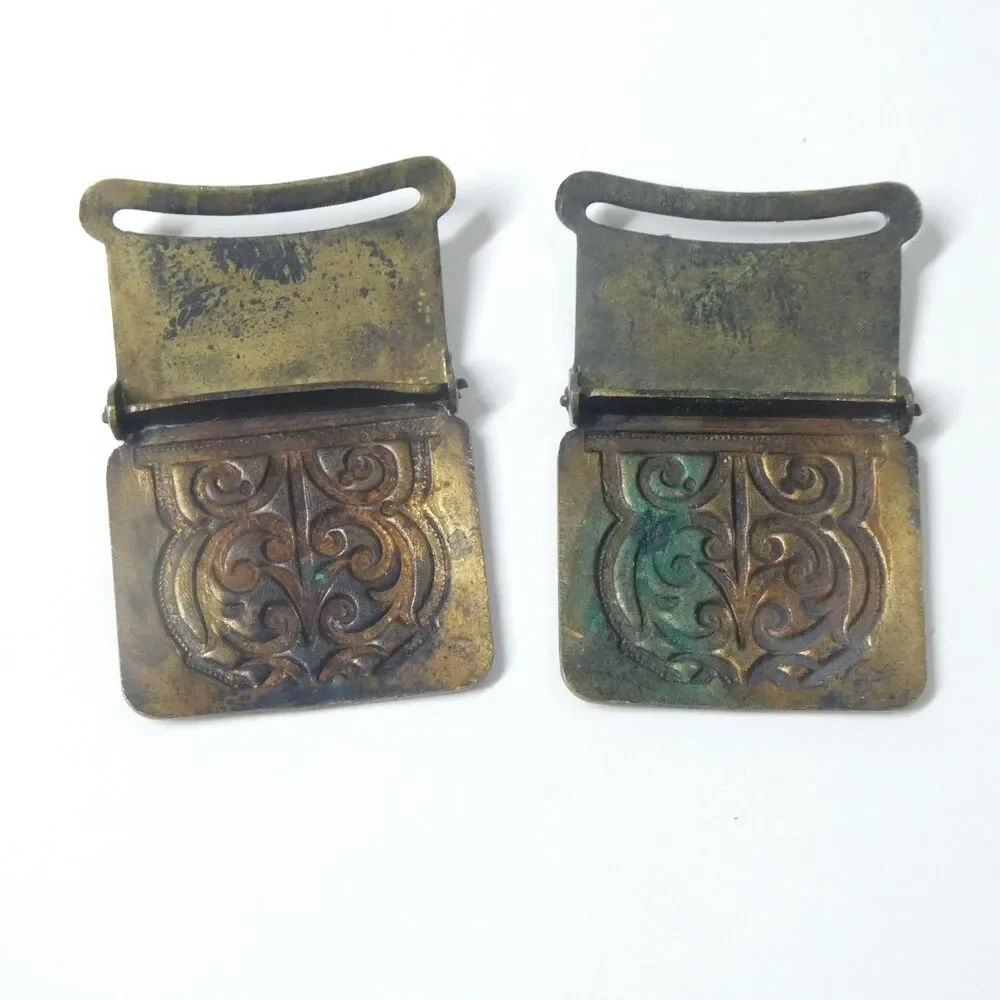 Enameled Brass Buckles Pair Black White Yellow Art Deco Vintage